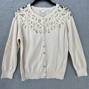 Sundance Cardigan Sweater Womens M White Crochet Collarless Round Neck Button